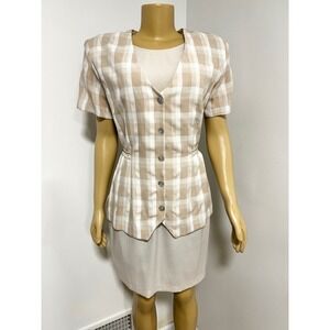 Scarlett International Tan Gingham 2 Piece Dress Set Jacket Sheath 11/12 Medium